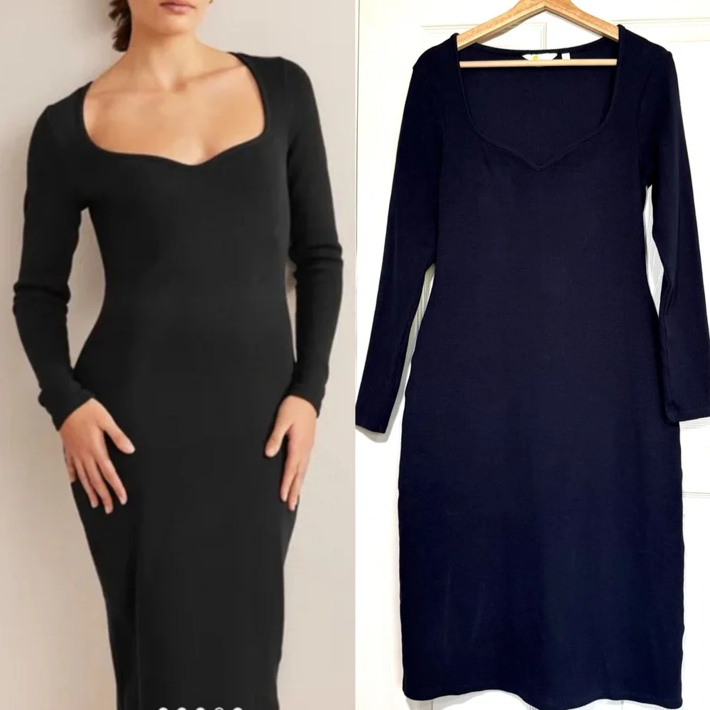 Boden Midi Dress 10R Navy Ribbed Knit Stretchy Sweetheart Coquette babydoll - Picture 1 of 13